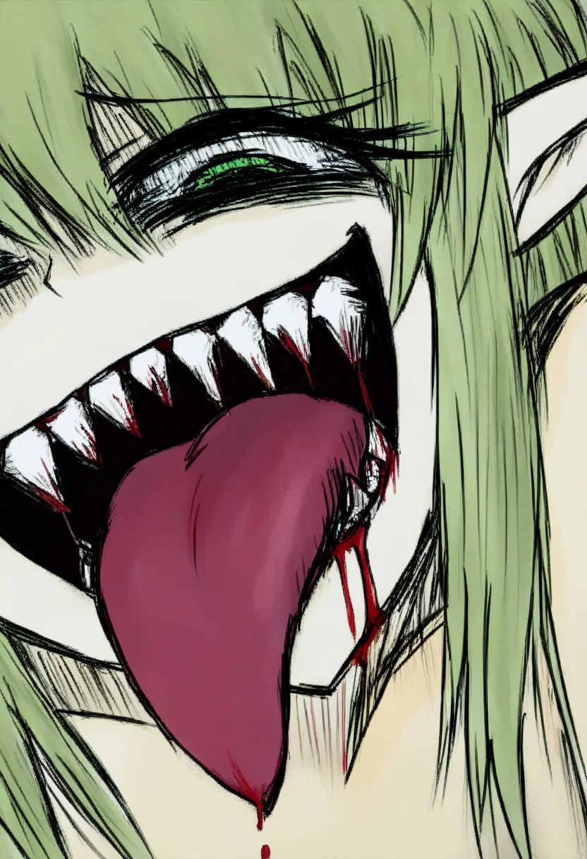 Bl ls, 1girl, solo, tongue, blood, crazy eyes, green eyes, green hair, crazy, tongue out, pointy ears, long hair, crazy smile, teeth
masterpiece,best quality,high definition,ultra-detailed,<lora:Black_Souls-000100:1>,