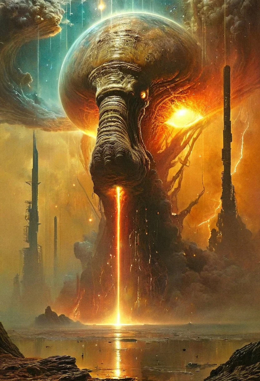 best quality,masterpiece,absurdes,solo,A giant alien military galactic destroyer in outer space wreck the planet,worm metal,rust,corrosion,complex and intricate design,masive cannons,blasters,panels,big engines, windows,antennas,robust construct,detailed reflections,glow,energy sparks,laser beams,explosive,molten rock,planet crack,asteroids,space dust,nebula,black hole,grandeur,eerie mist,foggy,strong light beams, surreal and dystopian, post-apocalypse,science fiction, futuristic,high-tech,cybernetic, by zdzislaw beksinski,Marc Simonette,franz marc,ivan aivazovsky,Dariusz Zawadzki,H.R. Giger,Ridley Scott,nihei tsutomu, Takashi Watabe,John Berkey,galactic storm of the century, Renaissance,impressionism, Cryptic, (Sepia), (Space), (Pointillism),grisaille,primary colors,contrast background, ultra detailed, intricate, oil on canvas, dry brush,bright lit,higly visible, contrast lighting,color contrast,colorful,vibrant, (surrealism), (disturbing),suspenseful, dramatic lighting, professional, excellent composition, visualy stunning, unprecedented, extraordinary, innovative, experimental, visionary, boundary-pushing, absolutely outstanding, dynamic, (double exposure), detailed background