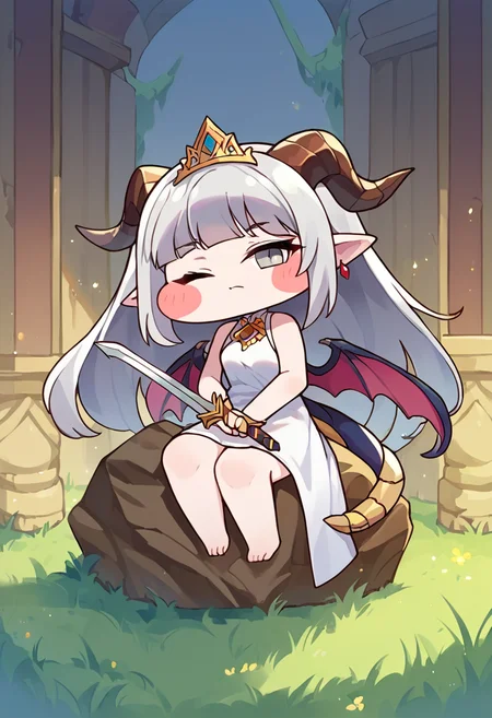 score_9,score_8_up,score_7_up,source_anime,zPDXL3,
*//*,<lora:Trickal_Revive-Pony:1>,dragon girl, tail, one eye closed, dragon tail, wings, sitting, dragon horns, horns, long hair, pointy ears, tiara, 1girl, dress, dragon wings, chibi, grey eyes, white dress, jewelry, barefoot, grey hair, sword, earrings, very long hair, sleeveless dress, weapon, holding, duel monster, closed mouth, blush stickers, sleeveless
