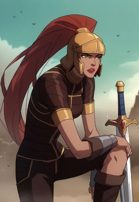 score_9, score_8_up, score_7_up, solo, 1girl, lipstick, long hair, red hair, ponytail, green eyes, armor, pants, helmet, armlet, bare, knee boots, artemis of bana-mighdall, battlefield, sword