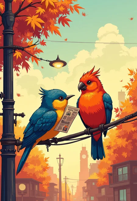 birds sitting on a telephone line reading newspaper.
Neon autumn color palette
A digital artwork in the style of cknc