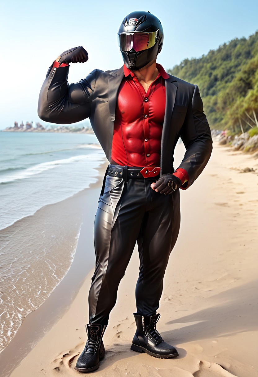 score_9, score_8_up, score_7_up, photo, photorealistic, rating_explicit, (solo:1.1), 1boy, black helmet with tinted visor, muscular male, masculine male, red glossy low collar shirt, black glossy leather blazer suit, formal, glossy pants, belt, skintight, black rubber gloves, black rubber boots, abs, nipples, pecs, flexing, proud, sweaty, outdoors beach, five digits