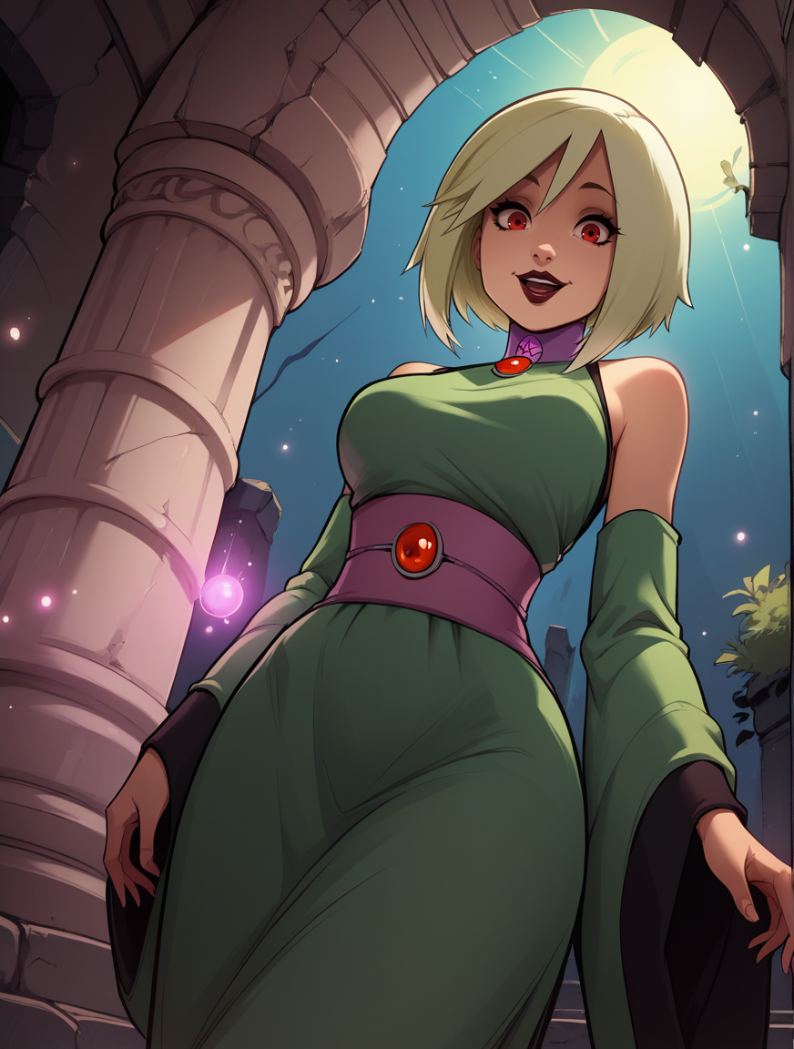 score_9, score_8_up, score_7_up,score_6_up, score_5_up, score_4_up , 1girl, solo,
large breasts, 
Vilga, 
blonde hair, short hair, red eyes, lipstick, bangs,
green dress, sleeveless, sash, shawl, detached sleeves,
ruins, night, pillar, light particles,
from below,
smile, open mouth, 
magic,
looking at viewer, 
 <lora:Vilga DG PonyXL V1-000003:1>