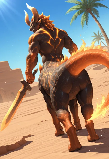 <lora:berial_(dmc)_v1_IL-15:0.8> berial, solo, 1boy, scalie, glowing markings, scales, taur, horns, fangs, tail, muscular, smile, snout, looking back, from behind, flaming tail, holding sword, light particles, sunlight, outdoors, day, blue sky, desert, ruin, oasis, palm tree, dutch angle,