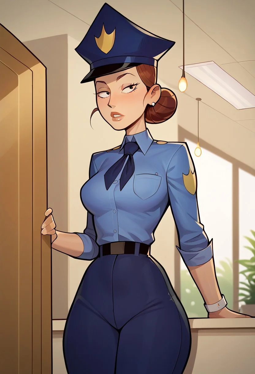 (mall cop), sscore_9, score_8_up, score_7_up, 1girl, brown hair, hair bun, solo, hat, uniform, necktie, single hair bun, belt, pants, shirt, looking at viewer, (score_6_up, score_5_up), solo, standing, source_anime, conceptart, (indoors, Police Department Office)