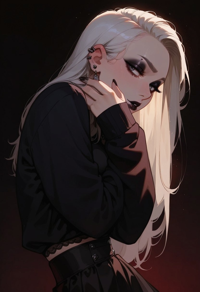 score_9, score_8_up, score_7_up, score_6_up, pretty woman, 21 year old, 1girl, very pale skin, white skin, goth girl, emo, eyeliner, eyeshadow, white hair, long hair, straight hair, black eyes, pretty face, long hair, pretty eyes, long sleeves, shirt, skirt, sexy pose