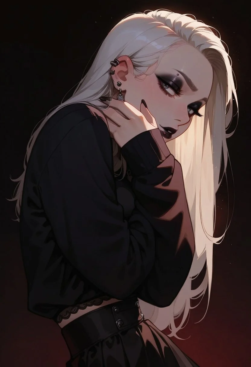 score_9, score_8_up, score_7_up, score_6_up, pretty woman, 21 year old, 1girl, very pale skin, white skin, goth girl, emo, eyeliner, eyeshadow, white hair, long hair, straight hair, black eyes, pretty face, long hair, pretty eyes, long sleeves, shirt, skirt, sexy pose