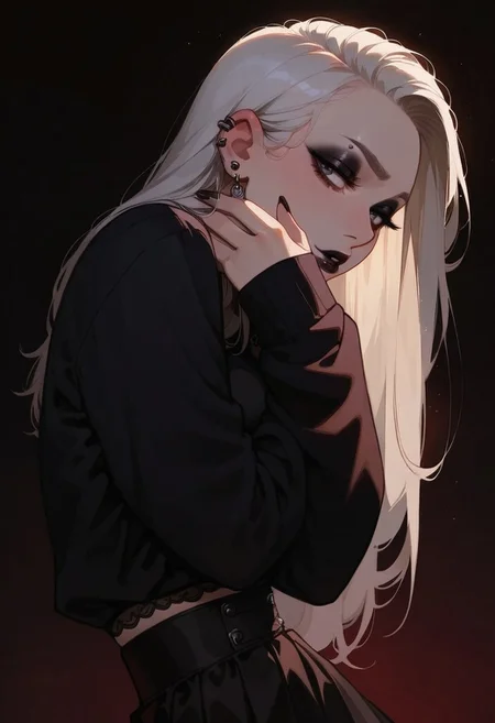 score_9, score_8_up, score_7_up, score_6_up, pretty woman, 21 year old, 1girl, very pale skin, white skin, goth girl, emo, eyeliner, eyeshadow, white hair, long hair, straight hair, black eyes, pretty face, long hair, pretty eyes, long sleeves, shirt, skirt, sexy pose