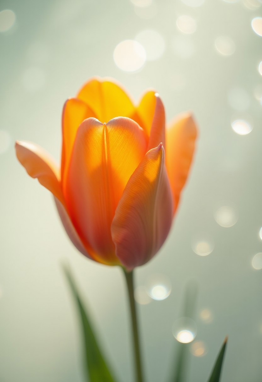 Soft-focus photography of an orange tulip on a white background, with blurry details, a dreamy and prismatic image, chromatic aberration, pearlescent colors and reflections, and muted pastel tones, in the style of Richard Avedon.