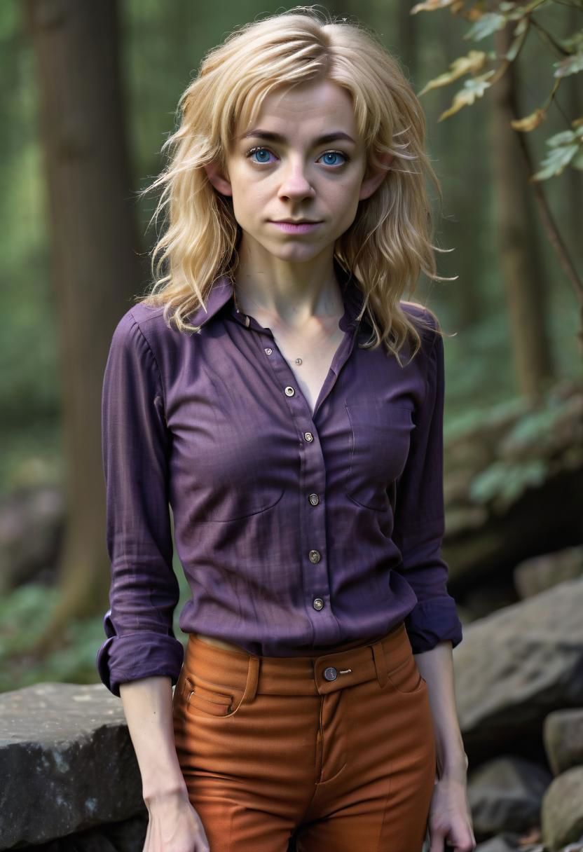 photo of pale (Age 19) female (halfling:1.75), (flat chested, rectangle body shape), (shaggy blonde, middle part), blue eyes, ((Dark purple)/(Dark Orange) masculine shirt/pants), homely, tiny, petite, thin, toned, lithe, full body, outdoors, HDR