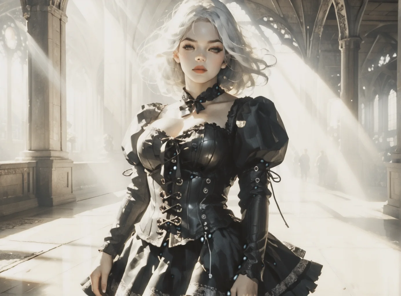 score_9, score_8_up, score_7_up, character portrait, angled, woman, pale skin, huge breasts, <lora:sm0k3XLP:1>, <lora:goth_clothes:1>, lace-up cords, corset, black combat boots, Black hair, white highlights, <lora:Our_Muted_Future_Style:1>, <lora:0780 light rays_v1_pony:1> ruanyi0780, light rays, light, sunlight, sunbeam,