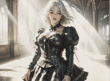 score_9, score_8_up, score_7_up, character portrait, angled, woman, pale skin, huge breasts, <lora:sm0k3XLP:1>, <lora:goth_clothes:1>, lace-up cords, corset, black combat boots, Black hair, white highlights, <lora:Our_Muted_Future_Style:1>, <lora:0780 light rays_v1_pony:1> ruanyi0780, light rays, light, sunlight, sunbeam,