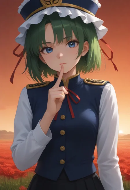 1girl, solo, solo focus, highres, absurdres, shikieiki, green hair, frilled hat, blue eyes, blue headwear, short hair,
long sleeves, black skirt, white shirt, blue vest, red ribbon, epaulettes, small breasts, arm ribbon, buttons, 
looking at viewer, head tilt, expressionless, hand up, 
red spider lily, flower field, red sky, backlighting,