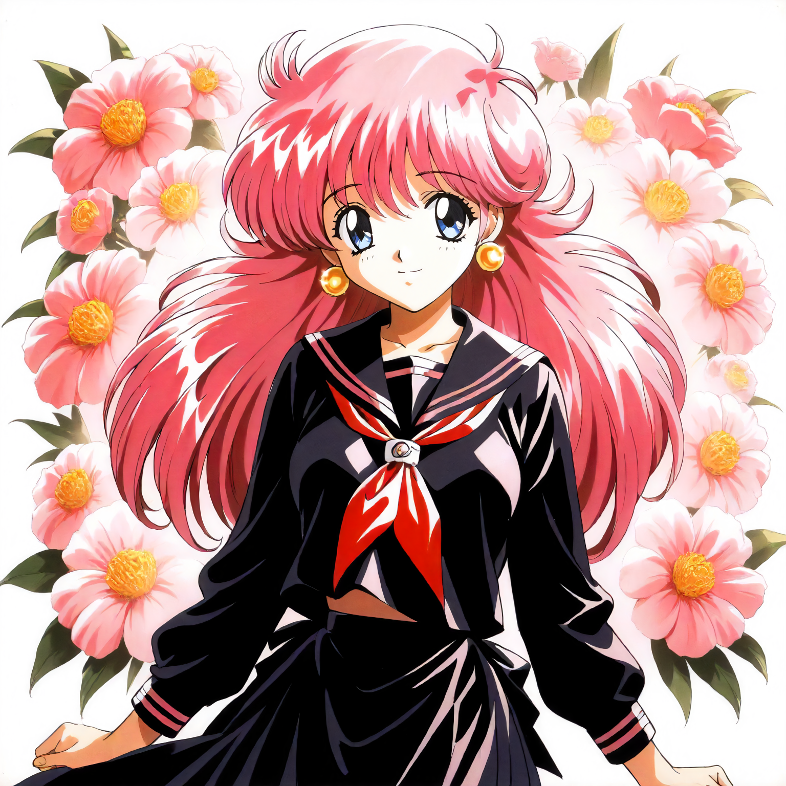 <lora:RC_sill_plainXLanimagine001>,
masterpiece,high score,great score,absurdres,
flower background,glitter,
smile,
looking at viewer,
solo,
anime coloring,retro artstyle,1990s (style),
sill_plain\(rance_series\),1girl,pink hair,long hair,blue eyes,earrings,
cowboy shot,standing,
serafuku,black sailor color,black shirt,red_neckerchief,black skirt,