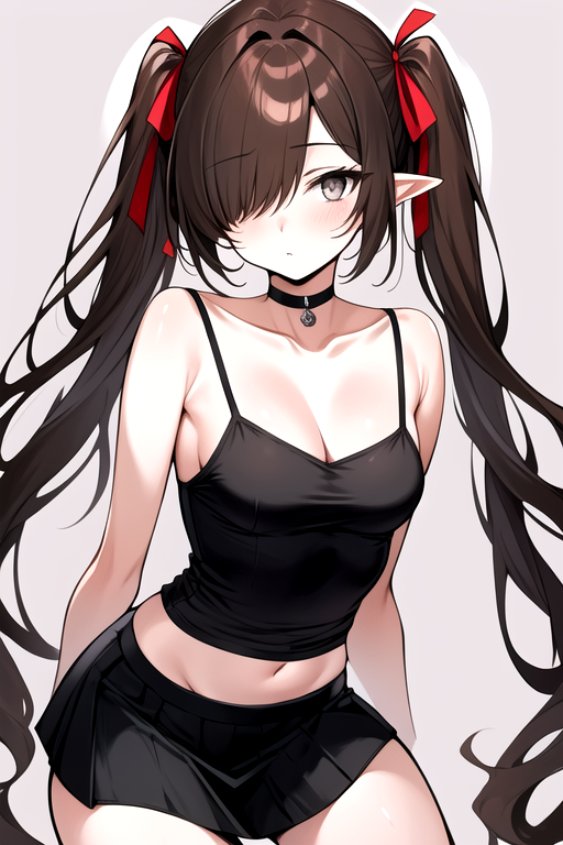 masterpiece, best quality,  <lora:Kra_SD:0.8> k'ra, grey eyes, brown hair, twintails, red ribbons, black camisole, short black skirt