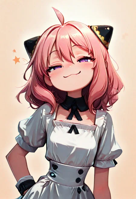 masterpiece,best quality,amazing quality, newest, very awa, Smooth, no lineart, no outline, very aesthetic, Flatline, Flat vector illustration, flat colors, Colorful themes, High Saturation, haiz_ai, orenji,
.
aged up,
zzAnya, hair between eyes, ahoge, pink hair, hair ornament, hairpods,
CivChan, pink hair, purple eyes, maid uniform, hand on hip, leaning forward, head tilt, smile, smug, :3,