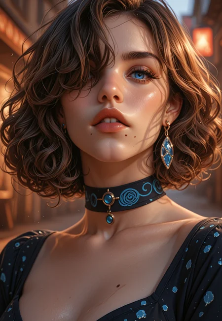 masterpiece, very aesthetic, F4UXM3D14, 1girl, solo, jewelry, earrings, hair over one eye, mole, looking at viewer, blue eyes, lips, portrait, short hair, brown hair, parted lips, mole under mouth, curly hair, blurry background, choker, painterly, traditional media, gouache, oil paint, painting, faux traditional media