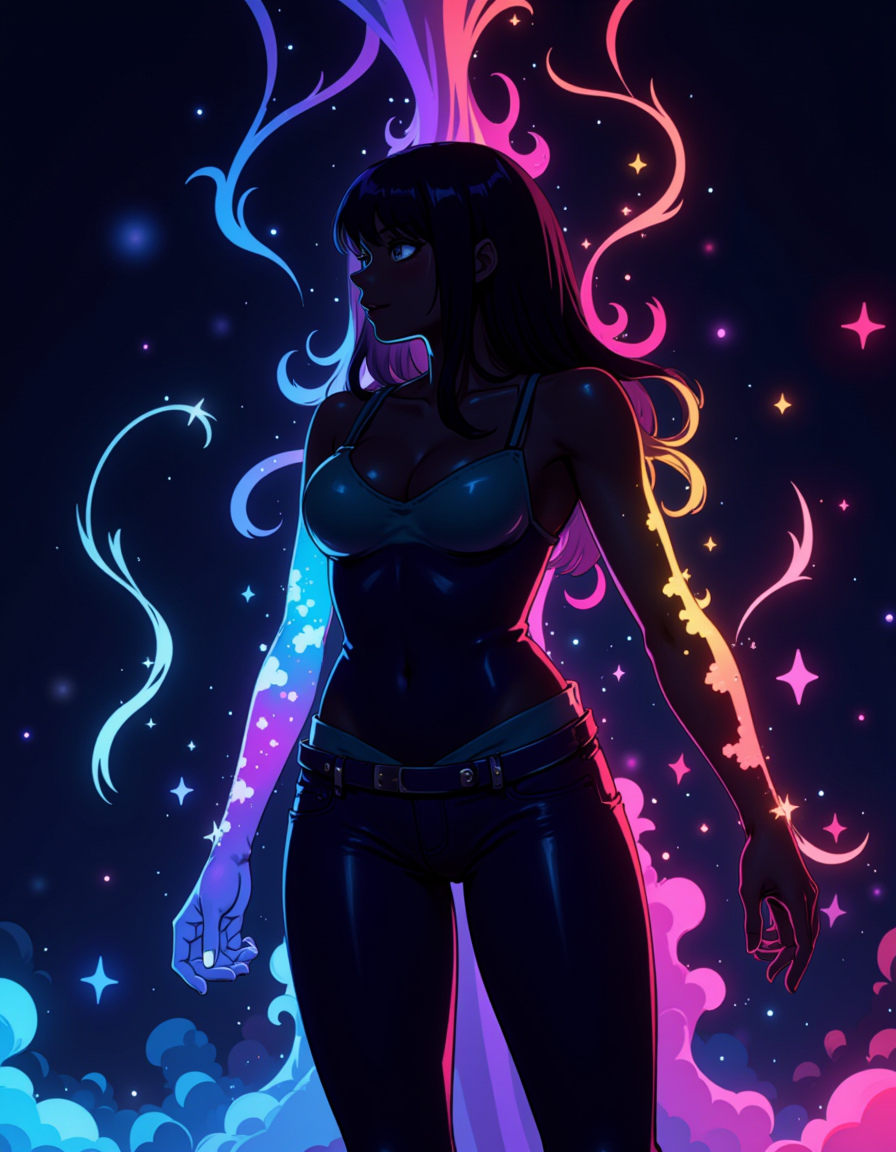 Flat colour anime style image showing rainbow colored silhoutte outline against a dark background, adult woman, magical fantasy, plasma pattern