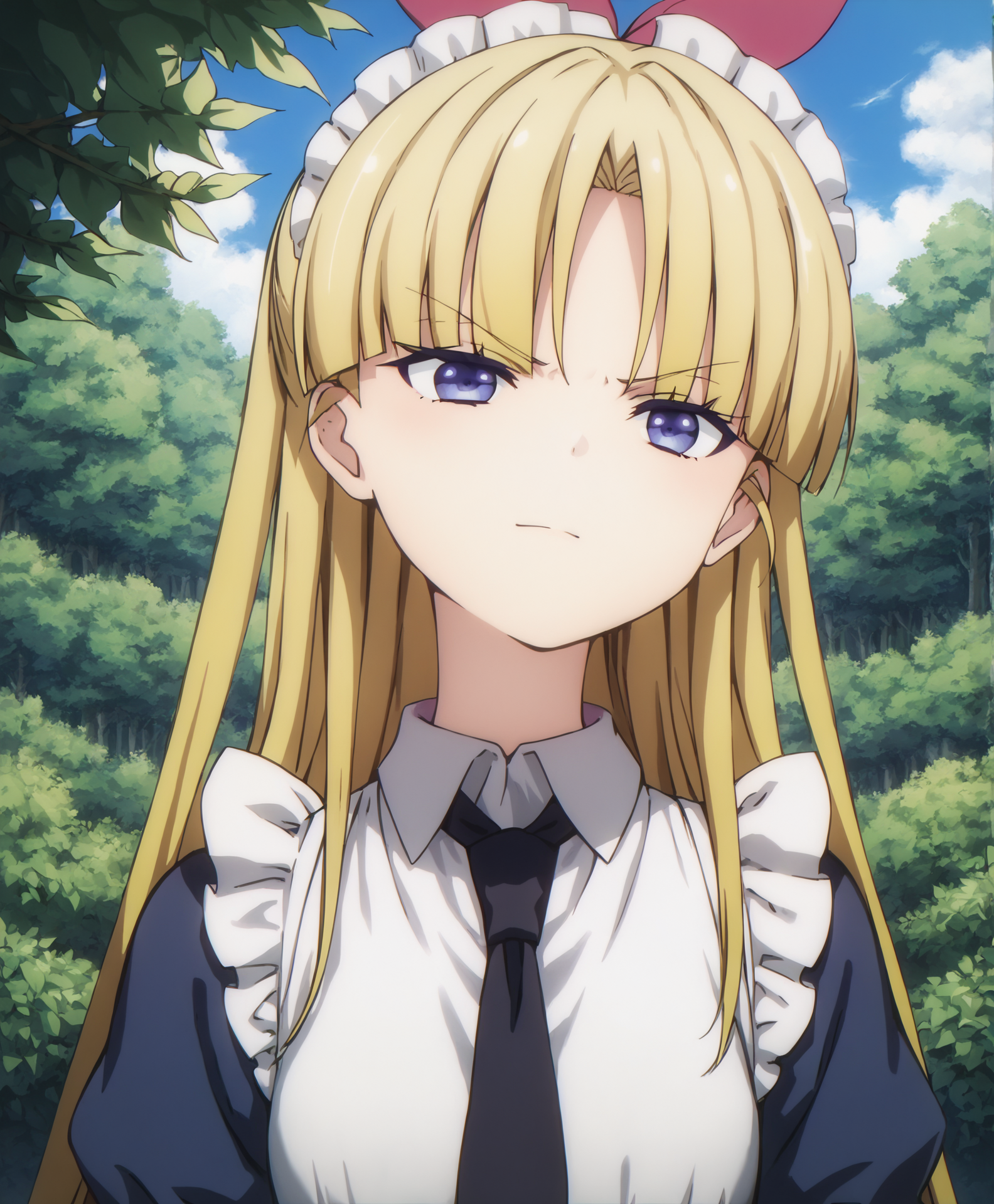 score_9, score_8_up, score_7_up, highres, hi res, best quality, masterpiece, 2d, intricate details, 4k, anime coloring, shadow, uncensored,
1girl, solo, female, long hair, blue eyes, blonde hair, bow, ribbon, purple eyes, hair bow, v-shaped eyebrows, >:\),
long sleeves, black necktie, maid headdress, maid, maid apron, frills, frilled dress, frilled skirt, frilled sleeves, juliet sleeves, puffy sleeves, 
looking at another, upper body, portrait, 
outdoors, forest, bushes, branches, foliage, <lora:Warabi_Hanasaka1024_Pony:1>, busou shoujo machiavellism, hanasaka warabi,