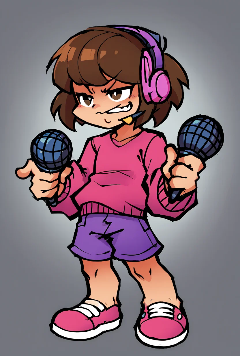 score_9, score_8_up, score_7_up,, good quality ,, character focus, solo, , best quality , detailed background, <lora:17Bucks_style_-_Friday_Night_Funkin:1> cartoon, stylized art, cartoonish, cartoon, flat colors, bold outlines, rough outlines, gradient shading, minimal gradients, indie cartoon aesthetic, full body, standing, digital art, 2d, 2d art, holding, holding microphone, white background <lora:melodii-06:1> melodii, brown hair, 1girl, short hair, purple headphones, purple shorts, long sleeves, pink sweater