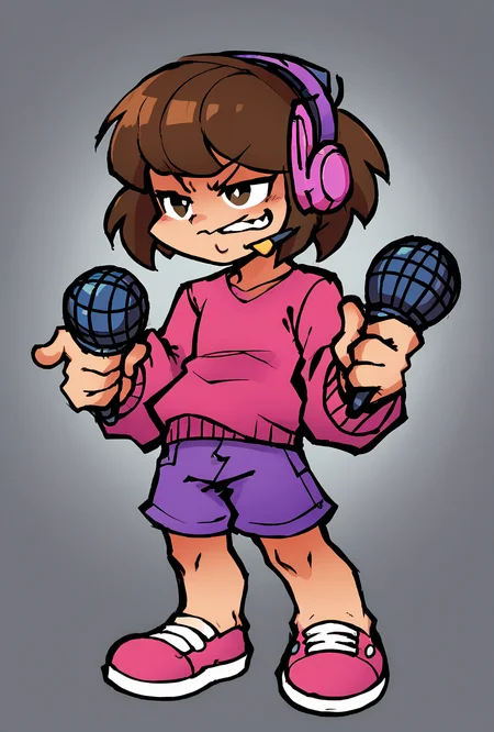 score_9, score_8_up, score_7_up,, good quality ,, character focus, solo, , best quality , detailed background, <lora:17Bucks_style_-_Friday_Night_Funkin:1> cartoon, stylized art, cartoonish, cartoon, flat colors, bold outlines, rough outlines, gradient shading, minimal gradients, indie cartoon aesthetic, full body, standing, digital art, 2d, 2d art, holding, holding microphone, white background <lora:melodii-06:1> melodii, brown hair, 1girl, short hair, purple headphones, purple shorts, long sleeves, pink sweater