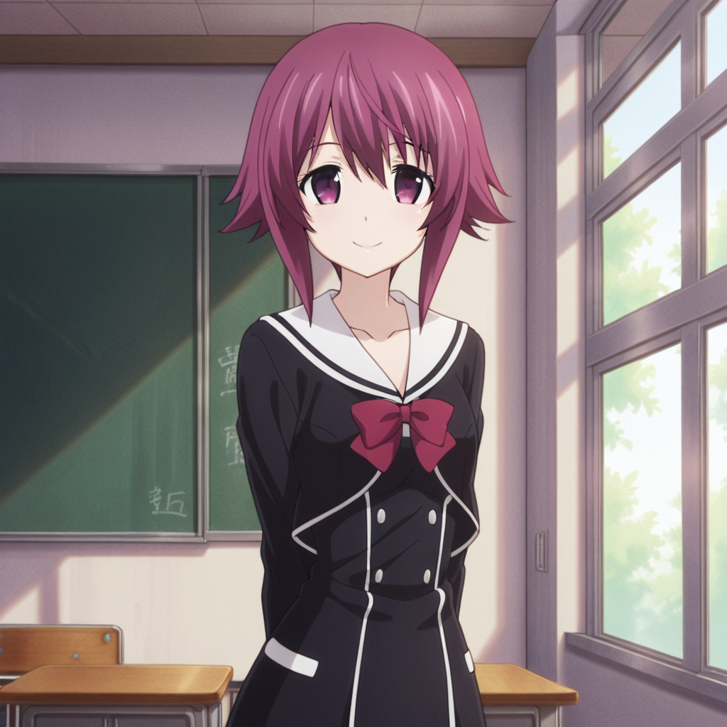 masterpiece, best quality, amazing quality, 1girl, solo, chaos_child_serika_onoe, standing, smile, school uniform, short hair, purple eyes, looking at viewer, bow, purple hair, collarbone, classroom, day, <lora:Serika_Onoe_-_CHAOSCHILD:0.7>