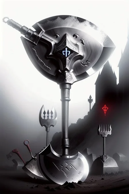 White background, shovel,
"Masterpiece, highest quality, (Shovel-Axe hybrid:1.3) with (glowing runes:1.2) etched on the blades, intricate design, (dark wood handle:1.1), rare magical weapon, detailed craftsmanship, (eerie aura:1.2), professional photography, by Annie Leibovitz, soft lighting, high contrast, vivid colors, (graveyard background:1.0), misty atmosphere, enchanting glow."