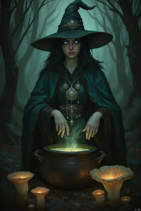 OBxiaoxiang,
A cunning witch, her eyes gleaming like embers in a hearth, a dark, pointed hat perched atop her head. Her attire is a rich emerald green cloak, adorned with intricately carved silver pendants that shimmer like captured moonlight. She holds a bubbling cauldron, its contents simmering with an otherworldly glow. Around her, strange, glowing fungi illuminate the dark forest floor, casting an otherworldly glow on the scene.