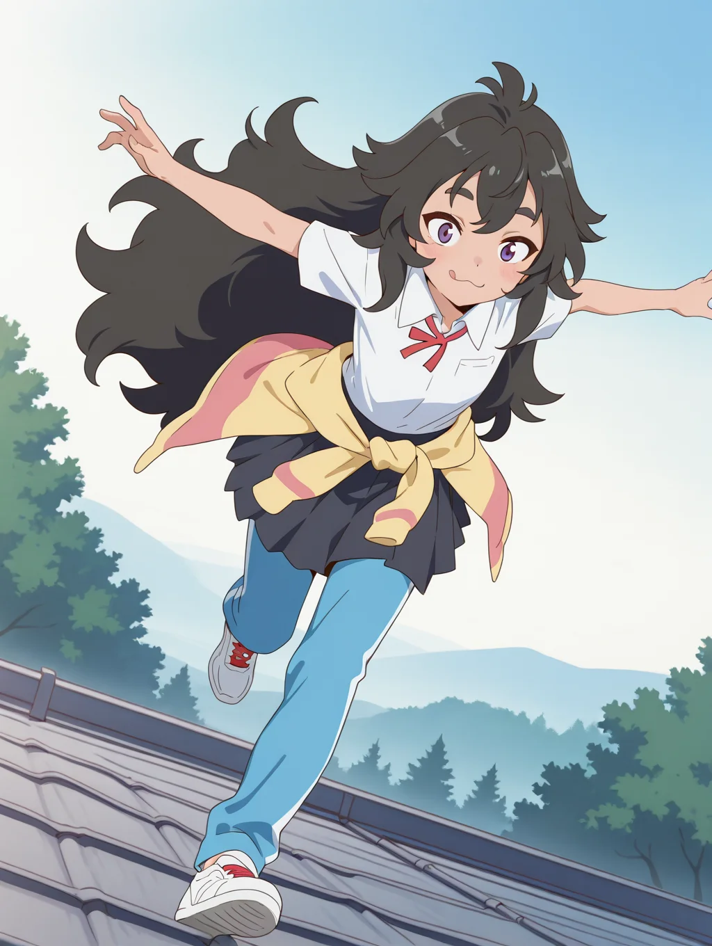 (masterpiece:1.4), (best quality:1.4),  very aesthetic, newest,best quality, amazing quality, very aesthetic, absurdres,
1girl,kouki_kokoro,purple eyes, black hair,  long hair, very long hair,messy hair,
running,on roof,sky,outdoor,trees
,smile,closed mouth,:3,licking own lips
 spread arms,outstretched arms,dynamic angle,leaning forward,dutch angle,speed lines,
soles
 <lora:kouki_kokoro:1>
school uniform,black skirt,(track pants,blue pants,pants over skirt),clothes around waist,yellow and pink clothes,multicolored clothes,white shirt, short sleeve, collared shirt, pleated skirt,neck ribbon,red ribbon, white sneakers,red shoelace