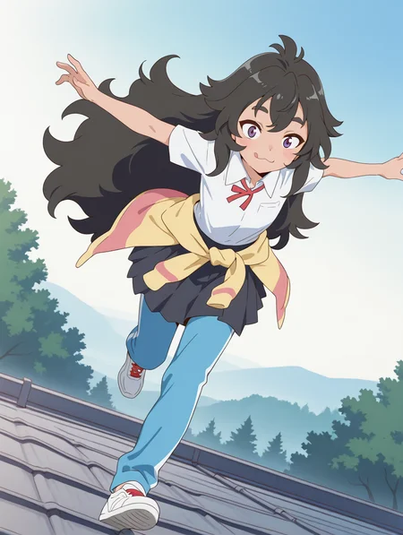 (masterpiece:1.4), (best quality:1.4),  very aesthetic, newest,best quality, amazing quality, very aesthetic, absurdres,
1girl,kouki_kokoro,purple eyes, black hair,  long hair, very long hair,messy hair,
running,on roof,sky,outdoor,trees
,smile,closed mouth,:3,licking own lips
 spread arms,outstretched arms,dynamic angle,leaning forward,dutch angle,speed lines,
soles
 <lora:kouki_kokoro:1>
school uniform,black skirt,(track pants,blue pants,pants over skirt),clothes around waist,yellow and pink clothes,multicolored clothes,white shirt, short sleeve, collared shirt, pleated skirt,neck ribbon,red ribbon, white sneakers,red shoelace