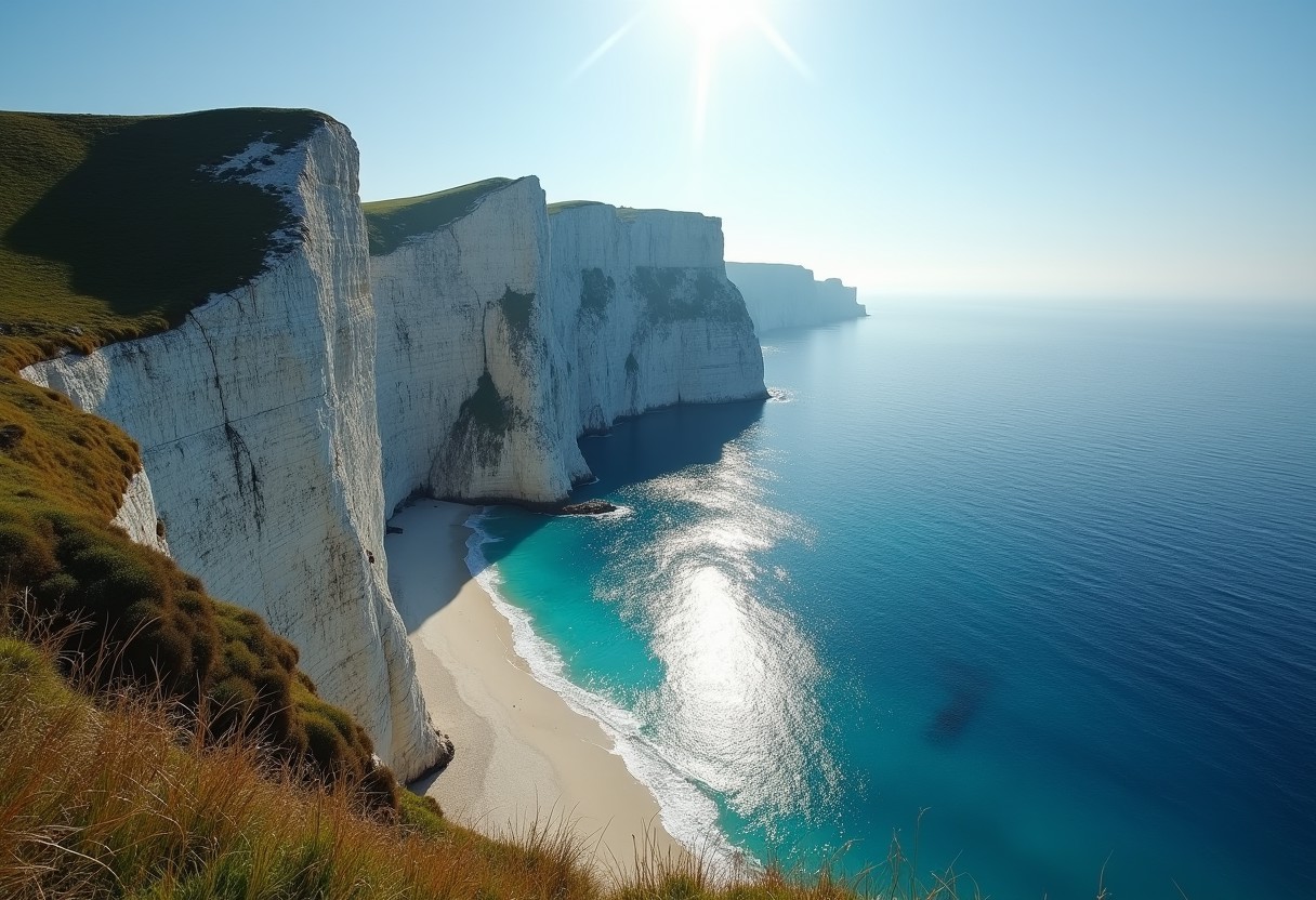 RAW photo,  towering and sheer ancient cliff coastline ,pristine shoreline, delicate vegetation, majestic nature, picturesque scenery, enchanting sun beams, beautiful sky, maximalist landscape, dynamic sunlight, desolate atmosphere, serene ocean, crystal blue water, lens flare, photorealistic, masterpiece, 64k, UHD, ultra detailed, vivid colors, high quality, sharp focus