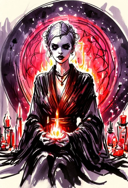 inksketch,
a grim faced young woman wearing a black robe, buzzcut, lipstick, magic circle, sorceror, crystals, portal, lighting, fire, mist, ritual,