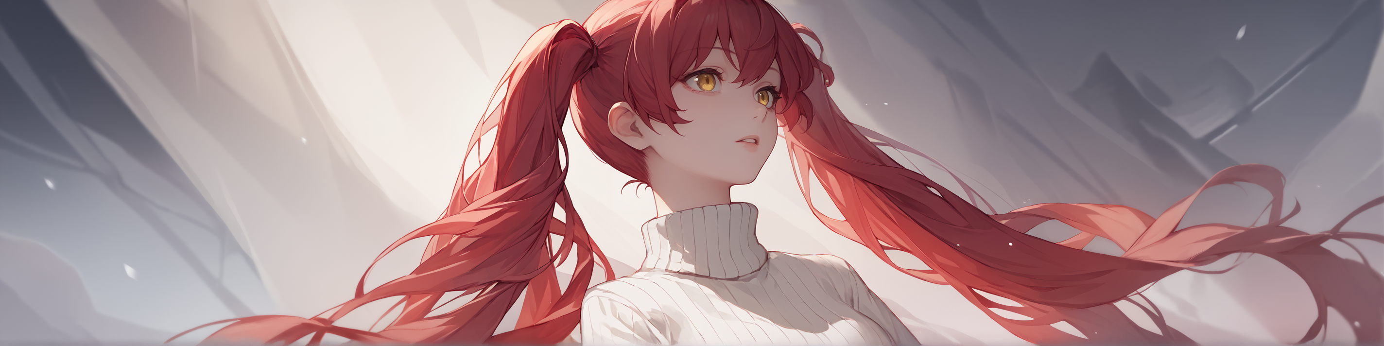score_9, score_8_up, score_7_up, source_anime BREAK 1girl, solo, red hair, twintails, very long hair, yellow eyes, parted lips, turtleneck sweater, white sweater, ribbed sweater,