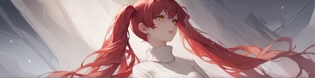 score_9, score_8_up, score_7_up, source_anime BREAK 1girl, solo, red hair, twintails, very long hair, yellow eyes, parted lips, turtleneck sweater, white sweater, ribbed sweater,