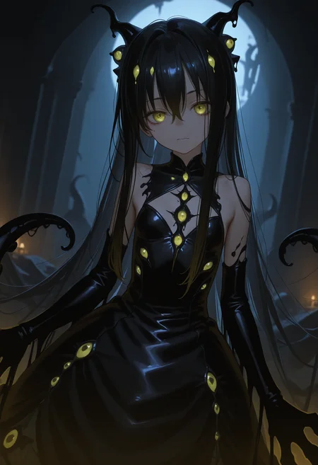 ((dutch angle)),bare shoulders,(solo),(Fantasy creatures),((Chinese black Tentacle girl)),Black markings,(black Tentacle cat),((solo)),beautiful and delicate golden eyes,Huge claws,(the all seeing eyes) Big and strong,Diabolical,Tyrannica,(Shoggoth girl:1.3) <lora:EL3GY-V15_purged:0.4> <lora:[Style]_Hara_ID_21_[Illustrious-XL]:1> <lora:SocratesaxStyle2-000009:0.3> <lora:HonnryouHanaru-Style:0.3> <lora:moyu:0.3> <lora:lightingSlider:-1> <lora:None:1.0>