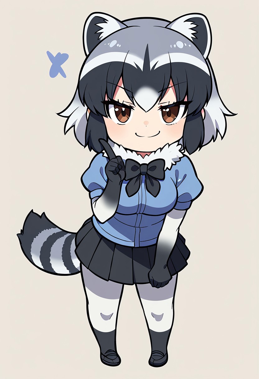 1girl, solo, best quality, ultra-detailed, extremely detailed, perfect anatomy, masterpiece, score_9, score_8_up, score_7_up, Common Raccoon (Kemono Friends), raccoon ears, brown eyes, bangs, multicolored hair, tail, raccoon tail, grey hair, black hair, white hair, short hair, black bowtie, puffy short sleeves, black gloves, elbow gloves, fur collar, pleated skirt, black skirt, blue shirt, pantyhose, black shoes, simple background, cute smile, cute look, smug smile, leaning forward, raised index finger, confident look, staring at viewer, (chibi:1.2),