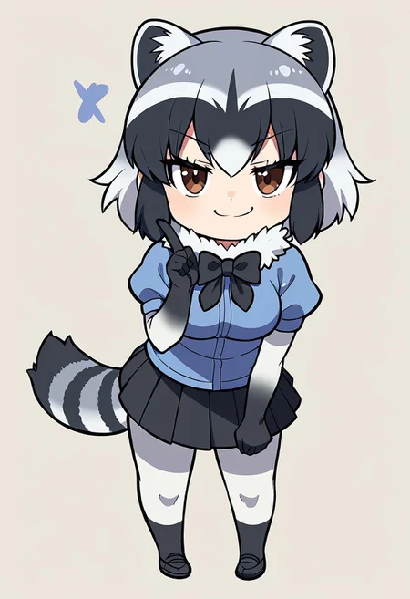 1girl, solo, best quality, ultra-detailed, extremely detailed, perfect anatomy, masterpiece, score_9, score_8_up, score_7_up, Common Raccoon (Kemono Friends), raccoon ears, brown eyes, bangs, multicolored hair, tail, raccoon tail, grey hair, black hair, white hair, short hair, black bowtie, puffy short sleeves, black gloves, elbow gloves, fur collar, pleated skirt, black skirt, blue shirt, pantyhose, black shoes, simple background, cute smile, cute look, smug smile, leaning forward, raised index finger, confident look, staring at viewer, (chibi:1.2),