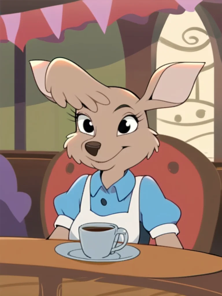 score_9, score_8_up, score_7_up, score_6_up, score_5_up, score_4_up, source_furry, Matilda_Roo, 1girl, solo, tail, two-tone fur, maid uniform, holding tray, mug, coffee, table, chairs, crowd, cafe, detailed eyes, detailed face, <lora:matilda_roo-v1:1>