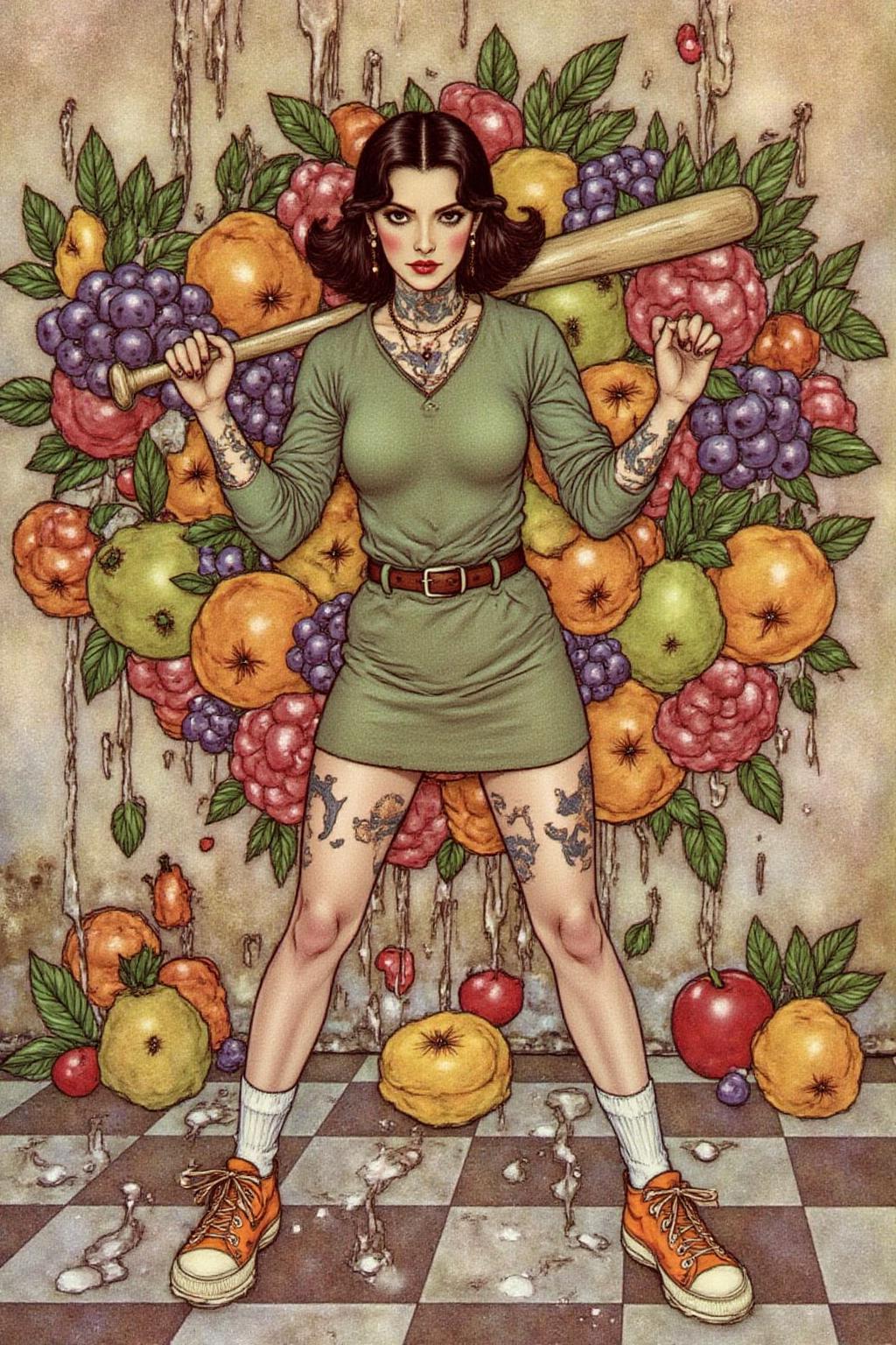 dulac1 illustration 
 full body, liquid splash, cartoonish juicy fruits chaos, dynamic pose, dynamic camera, a fashion shoot, an illustration of a young woman threateningly holding a baseball bat in her hands, full body tattoo, wearing green short sweater, miniskirt, knee socks, orange sneakers, aggressive facial expression, wall with graffiti in the background,   <lora:dulac2_cap_d6a3e15:1.0><lora:816563516220839052:0>