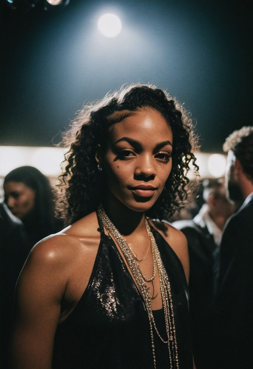 (gritty analog photo:1.2), candid (snapshot:1.2) of a sophisticated and cool 22-year-old biracial female hip-hop artist from Brooklyn backstage at a concert venue, natural skin texture, realistic skin texture, (skin pores:0.8), (skin oils:0.8), behind the scenes snapshot, high contrast, deep shadows, hires, highly detailed, Rembrandt lighting, low key lighting, (film grain:1.2), the picture conveys effortless coolness, polaroid style, monochrome