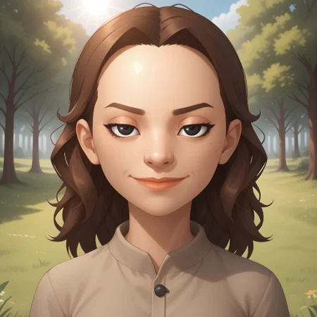 score_9, score_8, BREAK, solo, wii, mii, wii sports resort, female mii, 1girl, cute, brown hair, messy hair, sleepy eyes, black eyes, linear eyebrows, lips, wide lips, brown clothing, black pants, flip flops, breasts, Tomoko_(\Wii_Sports_Resort\), Nintendo Mii, modern_mii, classic_mii, half circle eyes, sexy pose, smile, outdoors, sunlight, shadows, evening lighting, natural lighting, forest, trees, grass, orange sky, sunset