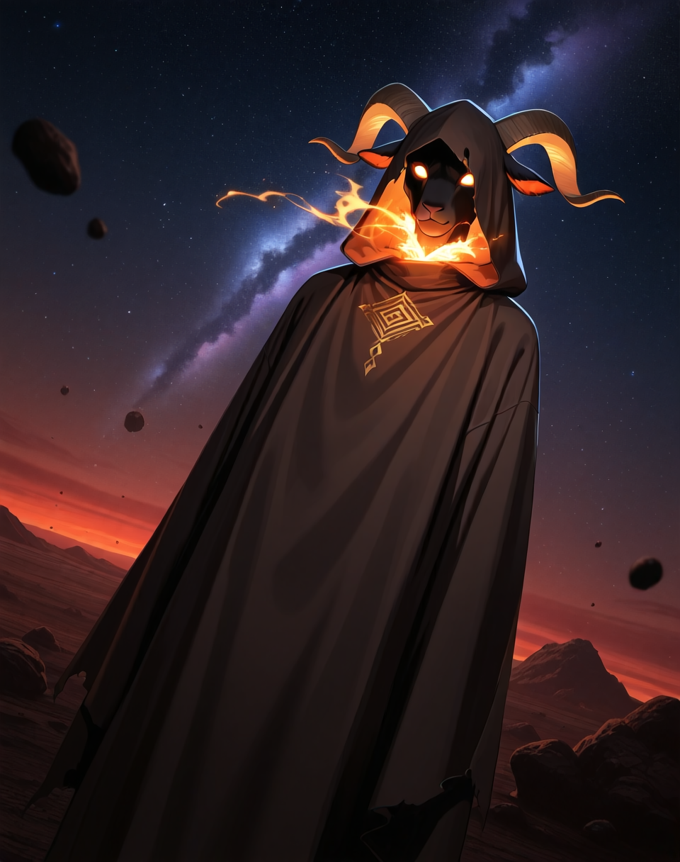 <lora:Moro_Hooded_Form_(Dragonball_Z)_(Illustrious)_(AD):1.35> Moro, hooded cloak, goat, 
dutch angle, exterior, outer space, asteroid field, 
male focus, gradient coloring, solo, cowboy shot, soft shading, old, aged up, dark picture, tattered brown cloak, consuming energy with magic, 
BREAK very awe, aesthetically pleasing, masterpiece, best quality, amazing quality, very aesthetic, perfect depth of field shot, in'ei, furry_art, source_furry, source_anime,
EZRealPONYXL, zPDXL, Smooth Quality, lazympos, IllustQualXL_Pos,