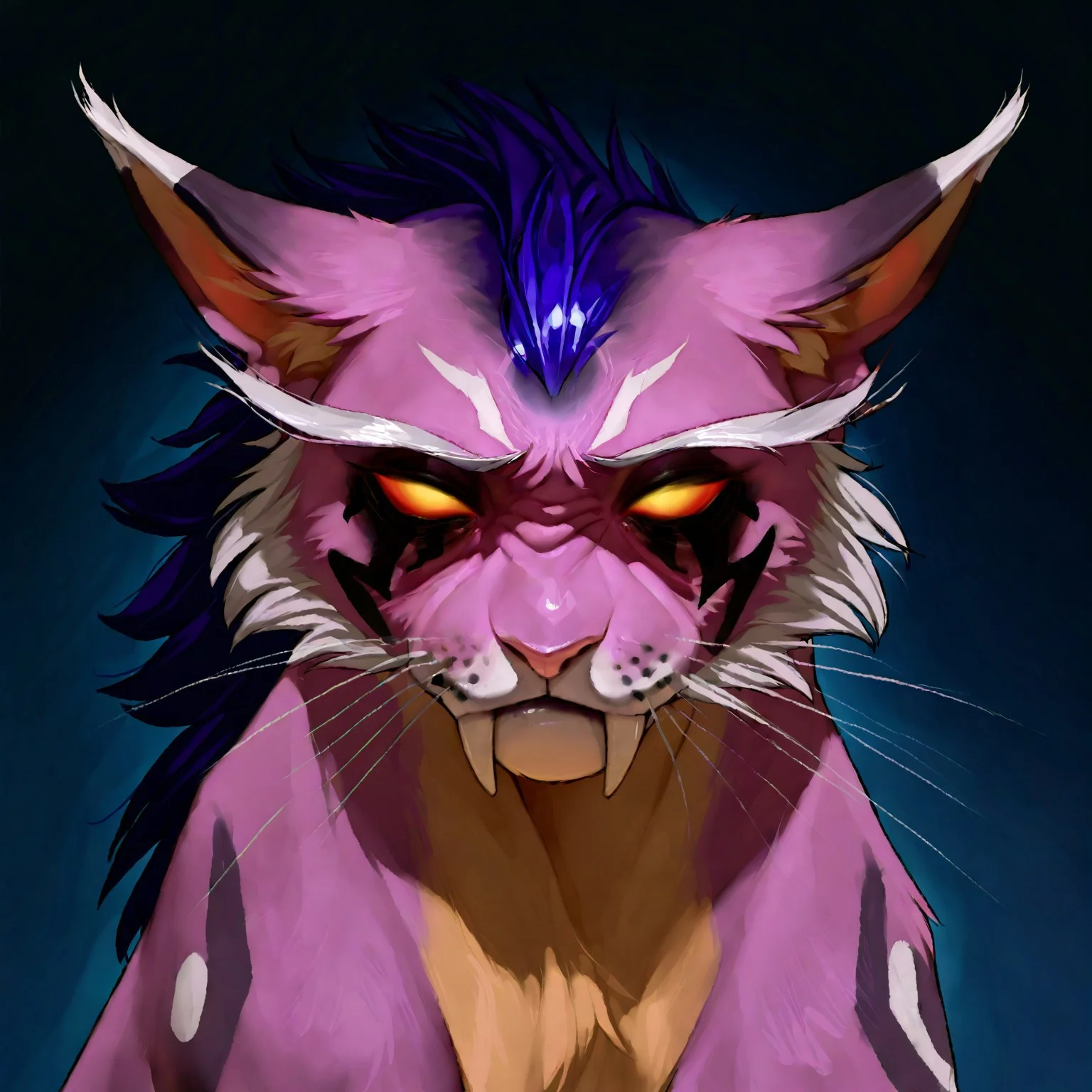 <lora:WoW_NEDruidCat_a1_1_NoobXL-eps>masterpiece,semi-realistic forms of felines,best quality,amazing quality,high quality,very aesthetic,absurdres,newest,shaded,digital media \artwork\,depth of field,wownedrucat,solo,feral,detailed cat,white blank eyes,transparent sclera,glowing with yellow eyes,full size portrait,dark blue eye markings,shoulder markings, a little opened mouth,sabertooth,side view,pose,Pink Gray Color fur,raspberry glace color hair,sad face,sitting,sad eyes, ears pressed back in fear, head looking at the viewer,eyes looking to the side,long realistic ears, ultra detailed realistic feline face, elegant white whiskers, silver neclace with metallic buckle, fluffy hair that lays only on the back and forehead,darken ash color ears, light peach color nose,