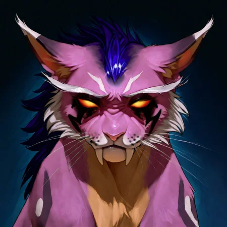 <lora:WoW_NEDruidCat_a1_1_NoobXL-eps>masterpiece,semi-realistic forms of felines,best quality,amazing quality,high quality,very aesthetic,absurdres,newest,shaded,digital media \artwork\,depth of field,wownedrucat,solo,feral,detailed cat,white blank eyes,transparent sclera,glowing with yellow eyes,full size portrait,dark blue eye markings,shoulder markings, a little opened mouth,sabertooth,side view,pose,Pink Gray Color fur,raspberry glace color hair,sad face,sitting,sad eyes, ears pressed back in fear, head looking at the viewer,eyes looking to the side,long realistic ears, ultra detailed realistic feline face, elegant white whiskers, silver neclace with metallic buckle, fluffy hair that lays only on the back and forehead,darken ash color ears, light peach color nose,