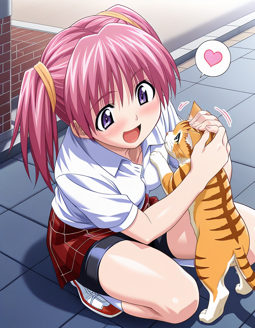 masterpiece, best quality, amazing quality, very aesthetic, absurdres, official art, ultra detailed,
1girl, solo, hayase_aoi, twintails, pink hair, purple eyes BREAK
white shirt, plaid skirt, bike shorts,
lovestruck, happy, blush, looking at cat, spoken heart, squatting, on one knee, Petting, sidewalk, motion lines
<lora:hayase aoi v1.0-000015:1>