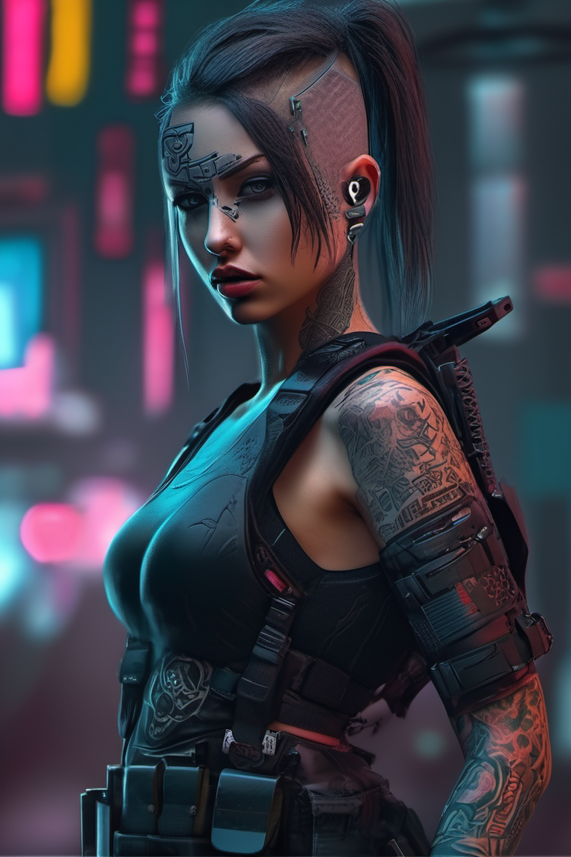 <lora:cyberpunk_xl-000004:1> cyberpunk a beautiful women, weapons, boots, tattoos, ninja