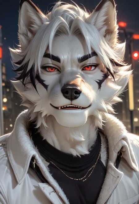 score_9, score_8_up, score_7_up, score_6_up, score_5_up, close up, highly detailed, anthro, 1boy, solo, furry, anthro wolf, male wolf, short fur, furry limbs, detailed canine snout, detailed canine nose, muscular body, fit body, sexy body, red eyes, beautiful eyes, detailed eyes, perfect hands, seductive pose, looking at viewer, clothed, (city), night, street lights, half body portrait, raw, photo, realistic, von_lycaon, source_von_lycaon, zenless_zen_zero, negative_hand, NegativeDynamics, Von Lycaon, fangs, Expressiveh, teasing the viewer, selfie, smirking