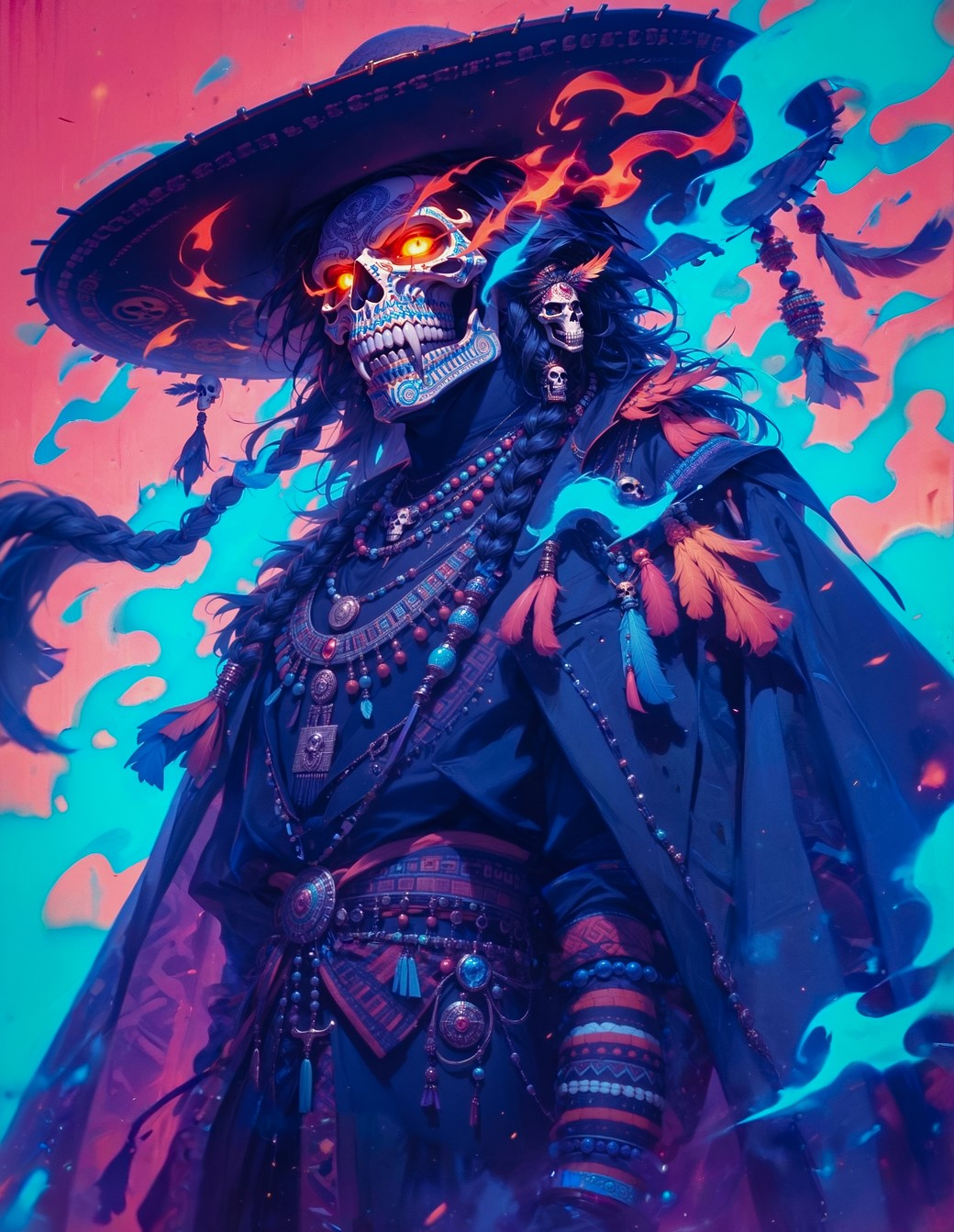 (score_9, score_8_up), score_7_up, 1boy, black clothing, mature male, manly, villain, black hair, sugar skull, skull mask, mask, skull paint, black gloves, mariachi, black coat, poncho, jewelry, necklace, beads, poncho, feathers, dragon, chaotic, fang, braided hair, glowing, long coat, intricate patterns, bright colors, pastels, Hacienda, Huichol Art,  purple theme, sombrero, fire,
dark, blurry background, dof, depth of field, detailed line work, low key, dramatic lighting, neon colors, Aztec, Mesoamerican, Mexican folk art, traditional Mexican symbols, Aztec sun, glowneon, glowing
<lora:sdxl_lightning_8step_lora:1>  <lora:masky-000009:0.4><lora:glowneon_xl_v1:0.6><lora:CulturePunkAI_1:0.5><lora:Dark_Anime:0.2><lora:CINE:0.3>