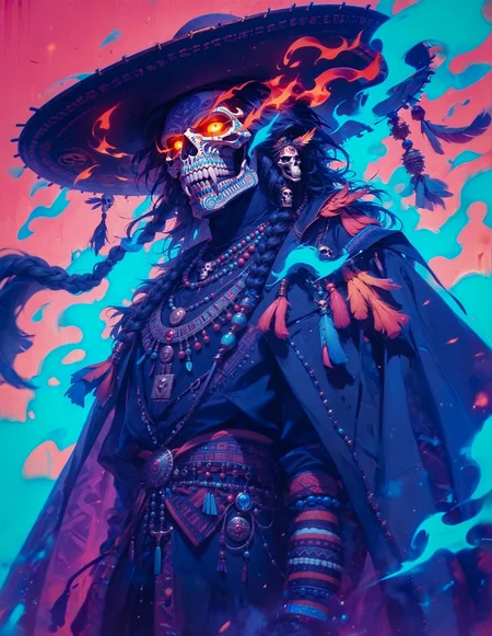 (score_9, score_8_up), score_7_up, 1boy, black clothing, mature male, manly, villain, black hair, sugar skull, skull mask, mask, skull paint, black gloves, mariachi, black coat, poncho, jewelry, necklace, beads, poncho, feathers, dragon, chaotic, fang, braided hair, glowing, long coat, intricate patterns, bright colors, pastels, Hacienda, Huichol Art,  purple theme, sombrero, fire,
dark, blurry background, dof, depth of field, detailed line work, low key, dramatic lighting, neon colors, Aztec, Mesoamerican, Mexican folk art, traditional Mexican symbols, Aztec sun, glowneon, glowing
<lora:sdxl_lightning_8step_lora:1>  <lora:masky-000009:0.4><lora:glowneon_xl_v1:0.6><lora:CulturePunkAI_1:0.5><lora:Dark_Anime:0.2><lora:CINE:0.3>