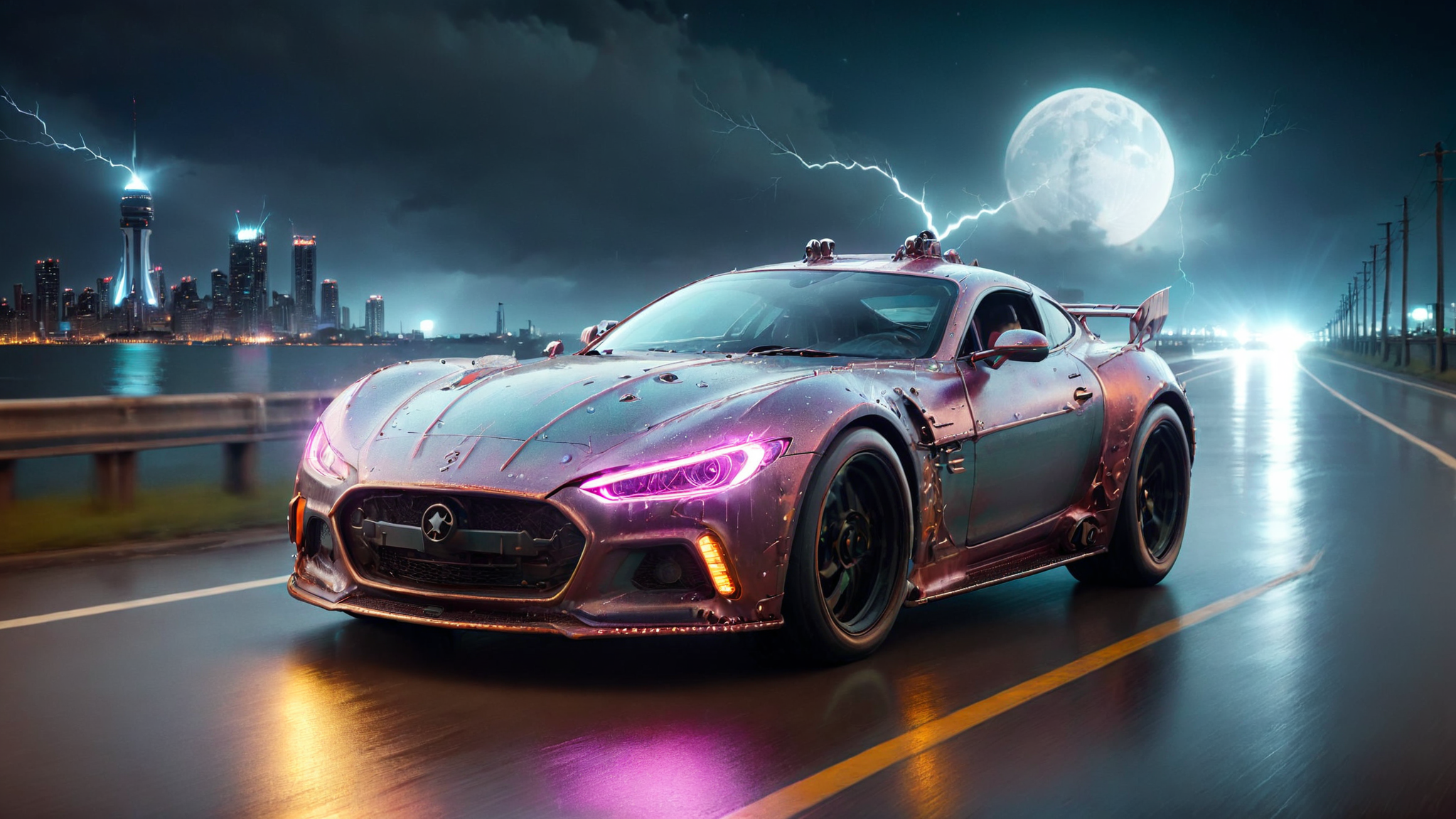 Hyperrealistic art a sci-fi future sportscar in random colors passing by,  (camera from front:1.3), light speed, neon, flash, motion trail, (stars and a future City in the background:1.3), motion blur, epic visual effects, interstellar, flow, detailed, scifi, star blast, dark vibrant colors, cosmic art, stars in background, cinematic scene, lens flare, god rays, glow,  glowneon, glowing, sparks, fullmoon night, stormy weather, lightning, ultra detailed , dramatic lighting, shallow depth of field detailed background, dark noir style, HDR, RAW, ray tracing reflections, sharp focus, ultra realistic
<lora:dreamcolor:0.3> <lora:style:0.3> <lora:EDG_-_Test_Lora:0.3> <lora:SDXLHighDetail_v5:1> <lora:LowRA:1> <lora:ste4mpunk:1> . Extremely high-resolution details, photographic, realism pushed to extreme, fine texture, incredibly lifelike